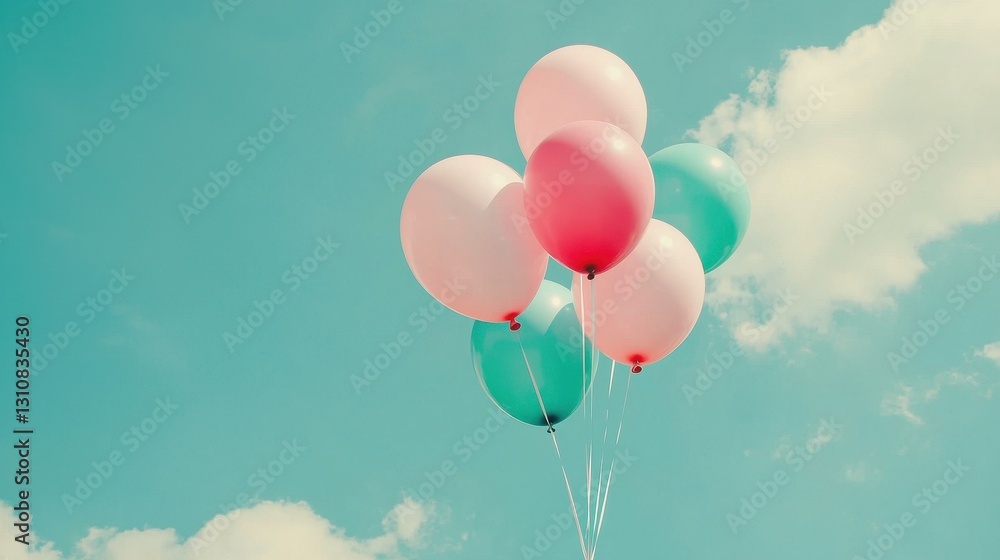 Colorful Balloons Floating Against a Bright Blue Sky with Clouds Colorful Balloons Floating Against a Bright Blue Sky with Clouds