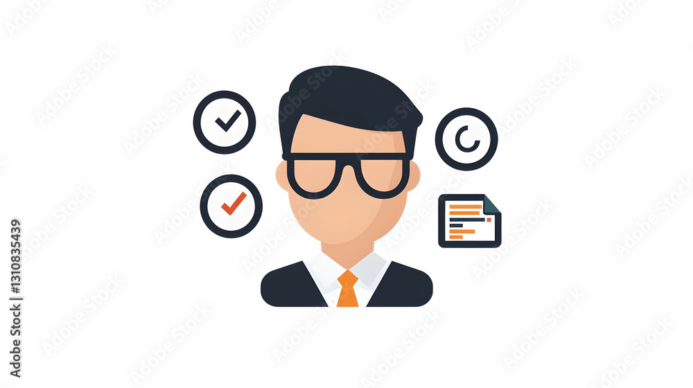 Businessman with Glasses and Check Marks for Task Management Visuals Businessman with Glasses and Check Marks for Task Management Visuals