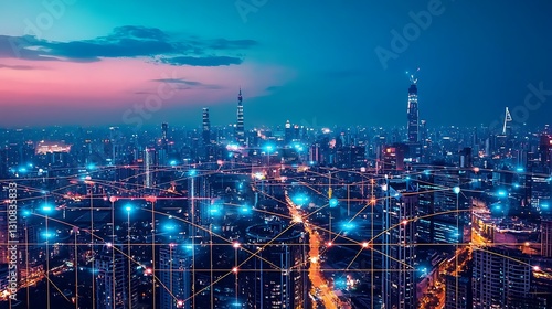 Wallpaper Mural Vibrant Cityscape at Dusk with Digital Connections and Urban Lights Against Colorful Sky Torontodigital.ca