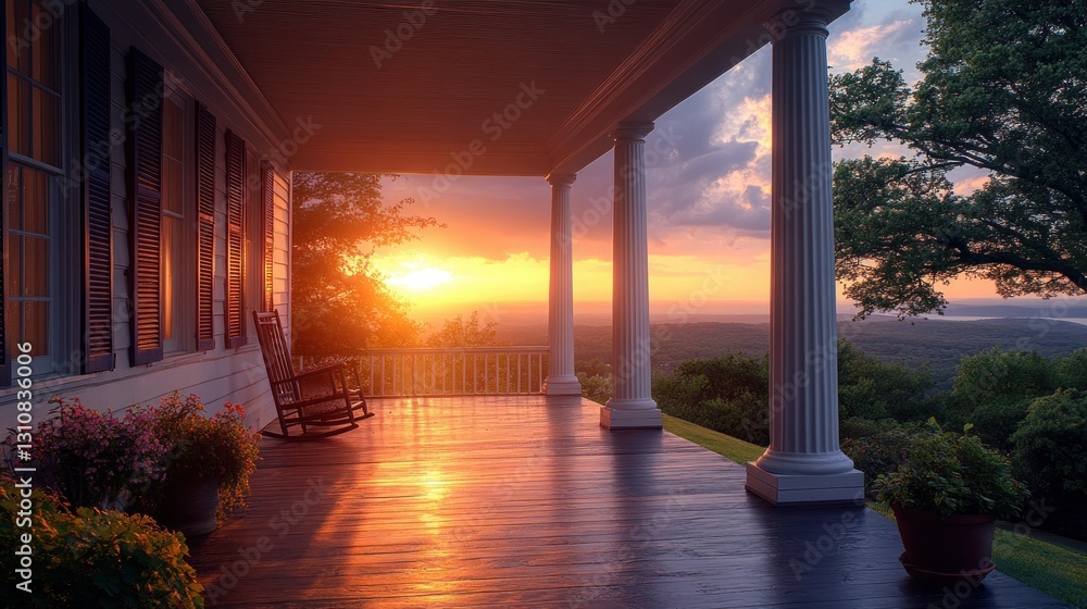 Sunset view from porch of historic home Sunset view from porch of historic home