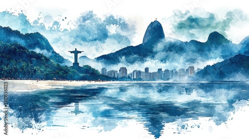 Lively Watercolor Skyline of Rio de Janeiro with Iconic Landmarks and Serene Reflections