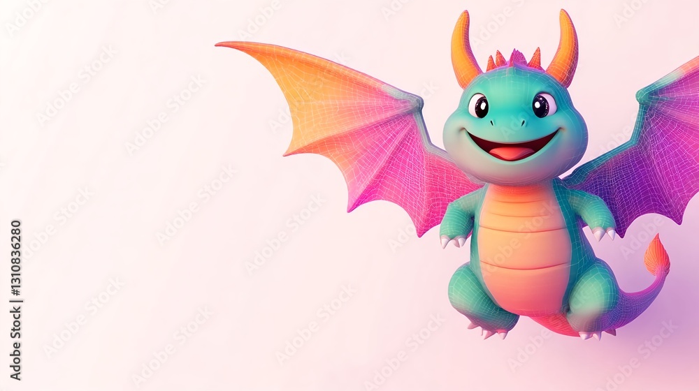 Naklejka premium Cute Cartoon Dragon Flying, 3D Render - 3D renders