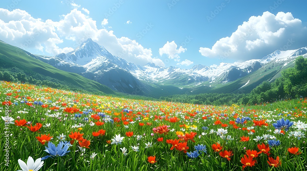A beautiful meadow filled with colorful flowers and mountains A beautiful meadow filled with colorful flowers and mountains
