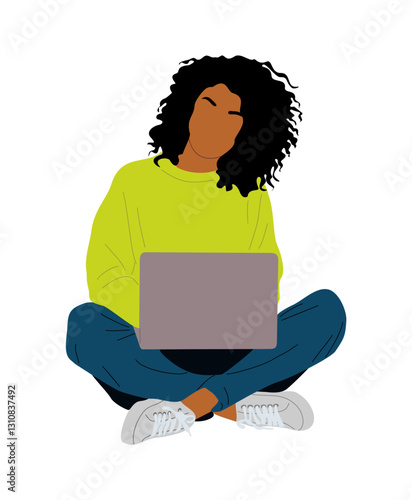 Young woman working on laptop while sitting on the floor with crossed legs. Freelance, Online, distant, remote work, internet technologies concept. Flat cartoon vector illustration isolated