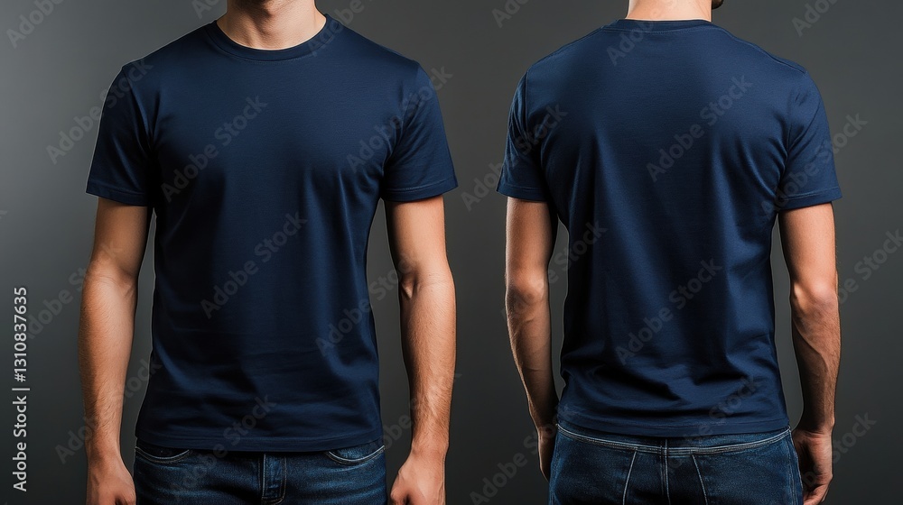 Navy blue t-shirt on a male model, front and back views. Perfect for apparel mockups or design showcases. Navy blue t-shirt on a male model, front and back views. Perfect for apparel mockups or design showcases.