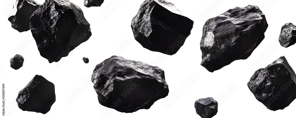 Naklejka premium Black Asteroid Like Rocks Floating in Space with White Background