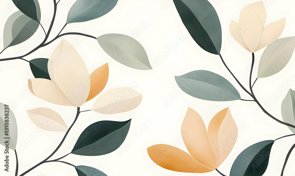 Elegant Botanical Illustration of Leaves and Flowers on Soft Background Elegant Botanical Illustration of Leaves and Flowers on Soft Background