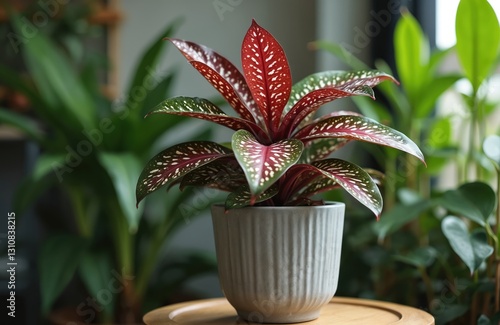 Exotic Begonia Maculata houseplant with white dots in gray ceramic pot stands on wooden stand. Tropical houseplant, green leaves, red stem, white spots are decorative elements in modern interior. photo