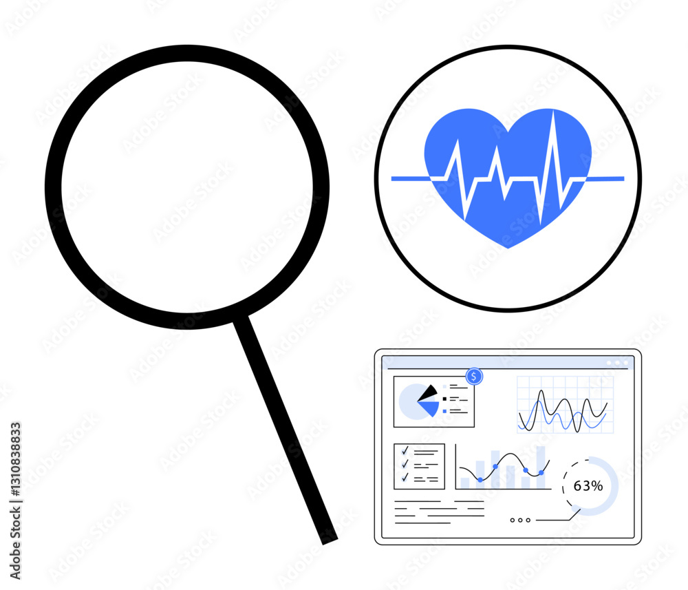 Magnifying glass beside a heart with heartbeat line and a data dashboard screen analyzing metrics. Ideal for health research, analytics, healthcare innovation, AI, medical technology, fitness, flat Magnifying glass beside a heart with heartbeat line and a data dashboard screen analyzing metrics. Ideal for health research, analytics, healthcare innovation, AI, medical technology, fitness, flat