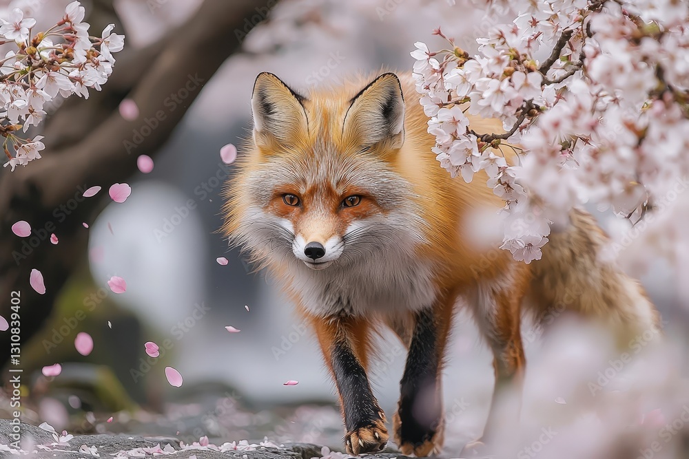 Fototapeta premium Red Fox Walking Under Cherry Blossom Trees Surrounded by Pink Petals in a Serene Setting