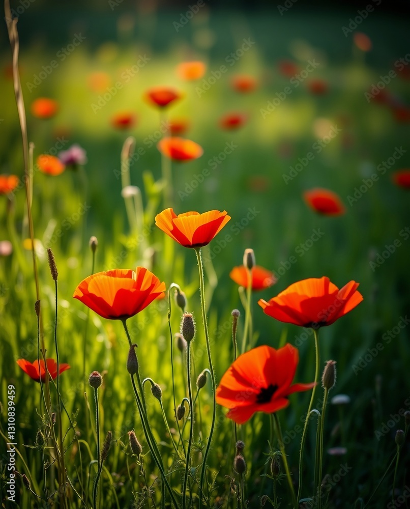 Obraz premium Vibrant Poppy Field in Soft Morning Light