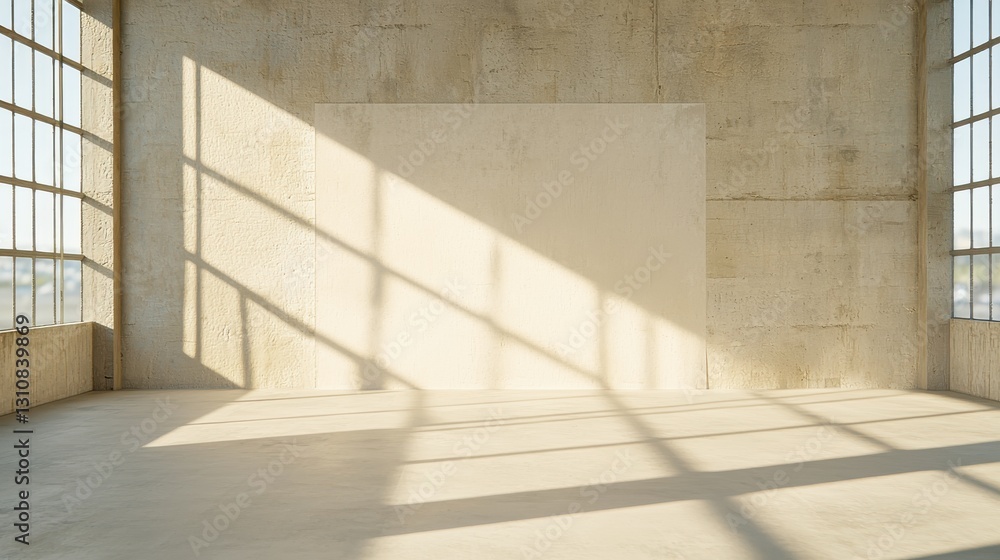 Fototapeta premium Sunlit empty room with concrete walls and large windows casting geometric shadows.