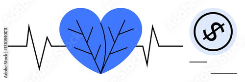 Blue heart with leaf veins alongside a heartbeat line near a dollar coin. Ideal for health economics, medical insurance, financial wellness, sustainability, charity, investment, flat simple metaphor
