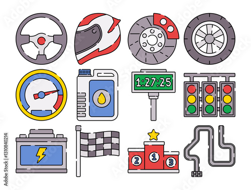 Auto Racing Element Icons, flat design style, featuring steering wheel, helmet, tires, speedometer, traffic lights, and podium. Ideal for motorsport graphics, event promotions, and racing themes.
