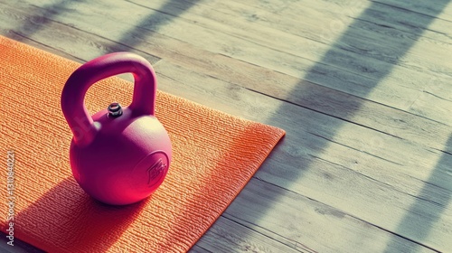 Kettlebell on Yoga Mat, Sunlight on Floor photo