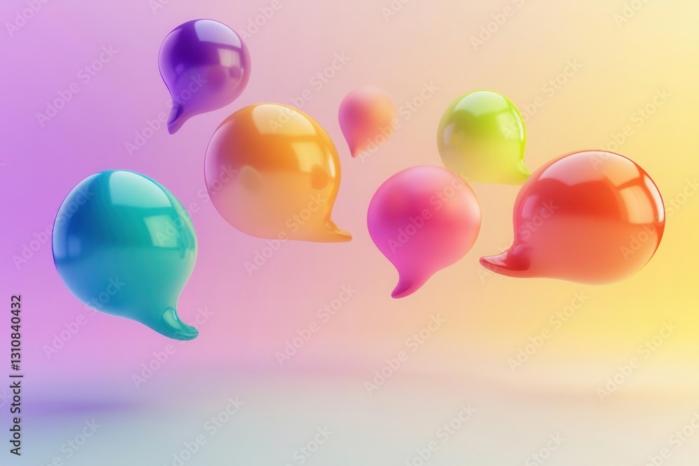 dynamic 3d conversation bubbles in rainbow colors floating against soft gradient background, symbolizing diverse perspectives and inclusive dialogue in digital communities and social media platforms dynamic 3d conversation bubbles in rainbow colors floating against soft gradient background, symbolizing diverse perspectives and inclusive dialogue in digital communities and social media platforms