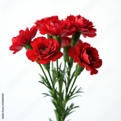 Red carnation bouquet on white background. Perfect for celebration, anniversary, or Valentine Day. These clove flowers symbolize love, beauty, and remembrance. A traditional present on Mother day
