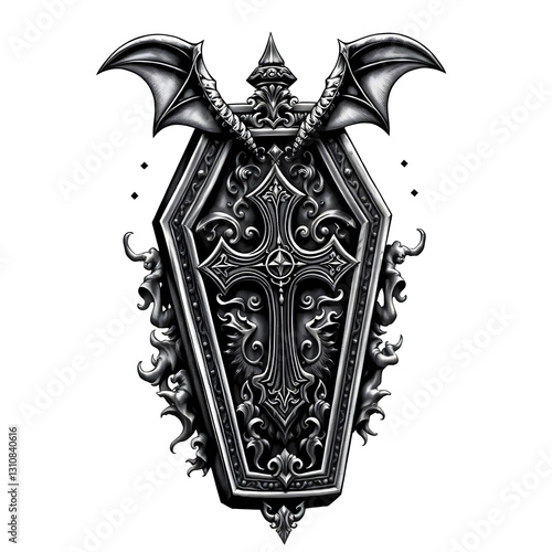 black and grey tattoo design featuring a gothic coffin with a carved cross in the center