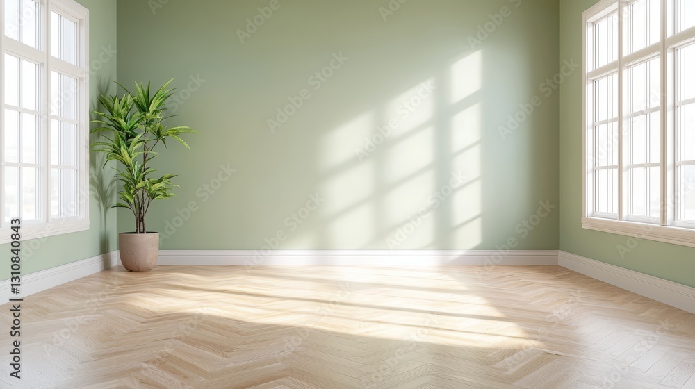 Sunlit empty room with wooden floor and potted plant. Minimalist home interior design with large windows. Sunlit empty room with wooden floor and potted plant. Minimalist home interior design with large windows.