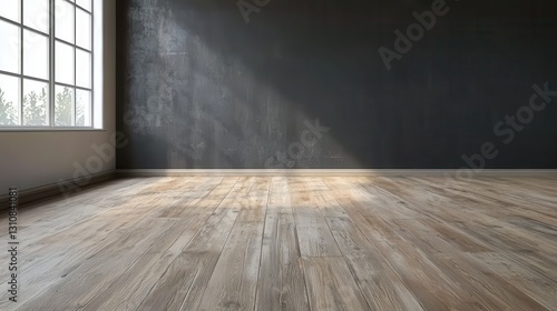 Sunlit empty room with wooden flooring and large window creating a warm  inviting atmosphere.