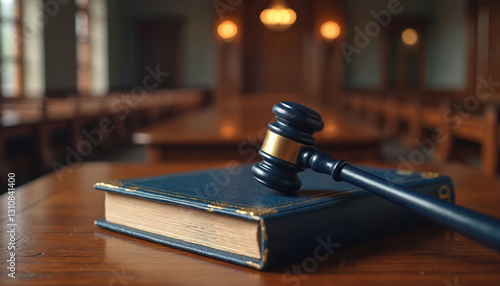 Close-up of judge gavel resting on blue code book in courtroom. Law, justice concept. Symbol of legal authority, judgement, wooden hammer on desk. Implies crime, punishment themes.