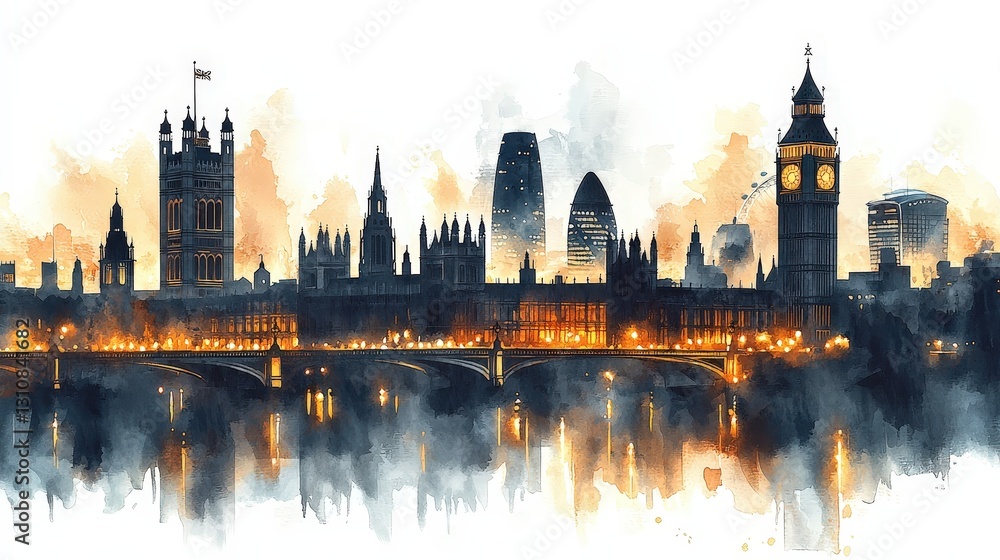 Naklejka premium Elegant Black and Gold Watercolor Illustration of a City Skyline at Dusk