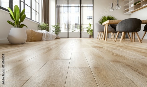 A Bright and Inviting Modern Dining Room Showcasing Elegant Wooden Flooring, Abundant Natural Light, and Stylish Decor for a Cozy Yet Contemporary Atmosphere.