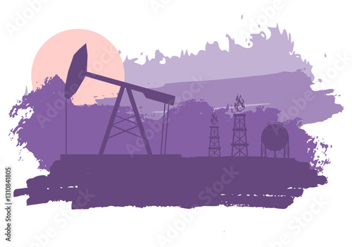 Energy and power industrial concept. Oil derrick and gas storage tank against brush painted sunset landscape.