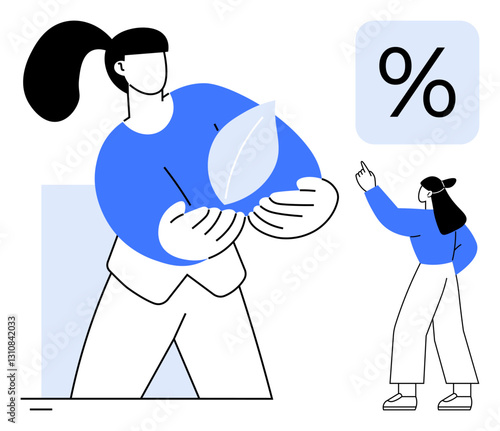 Wallpaper Mural Person holding leaf symbolizing eco-focus, another pointing at percentage for financial growth. Ideal for environment, finance, sustainability, savings, economy, eco-friendly living, corporate goals Torontodigital.ca