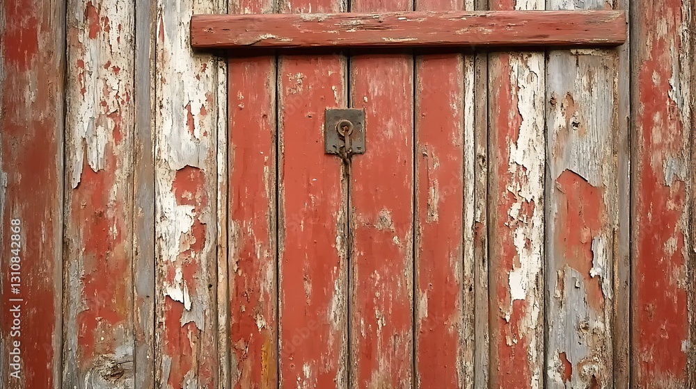 A weathered red wooden door with peeling paint and a simple lock. A weathered red wooden door with peeling paint and a simple lock.