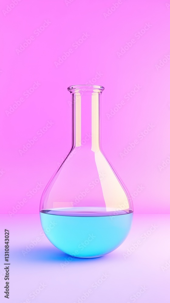 Light Blue Liquid in Glass Erlenmeyer Flask Against Purple Pink Gradient Light Blue Liquid in Glass Erlenmeyer Flask Against Purple Pink Gradient