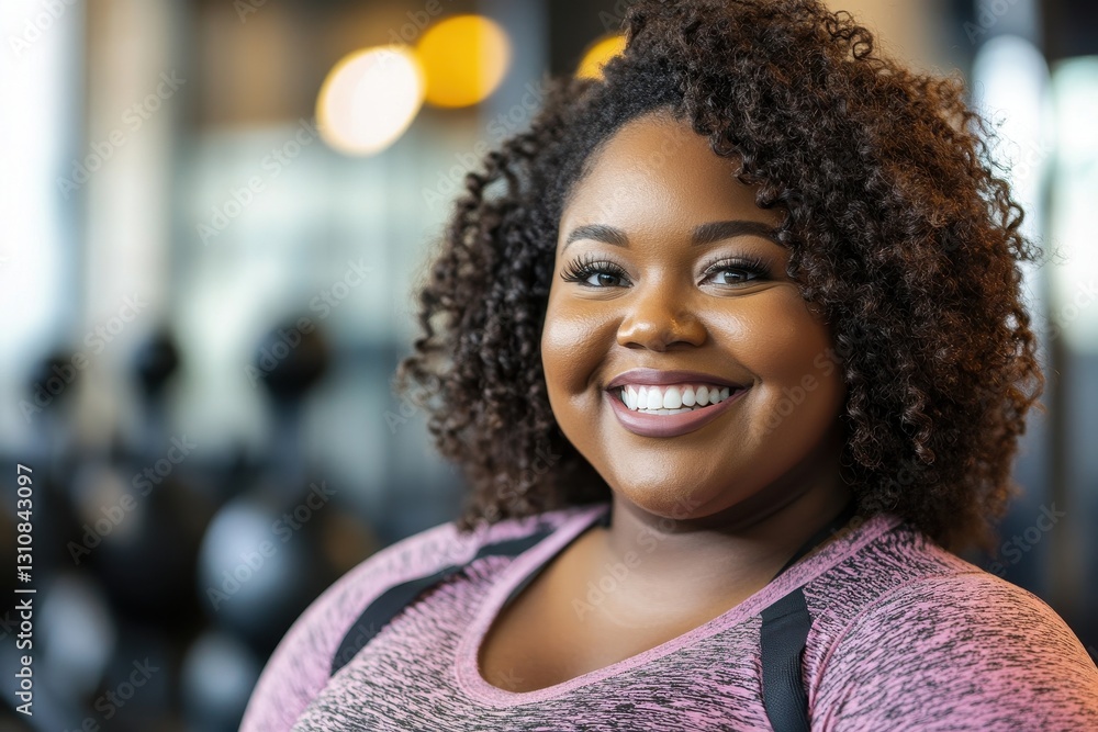Smiling Black woman at the gym, pink top. Illustrates health, fitness, body positivity. Smiling Black woman at the gym, pink top. Illustrates health, fitness, body positivity.