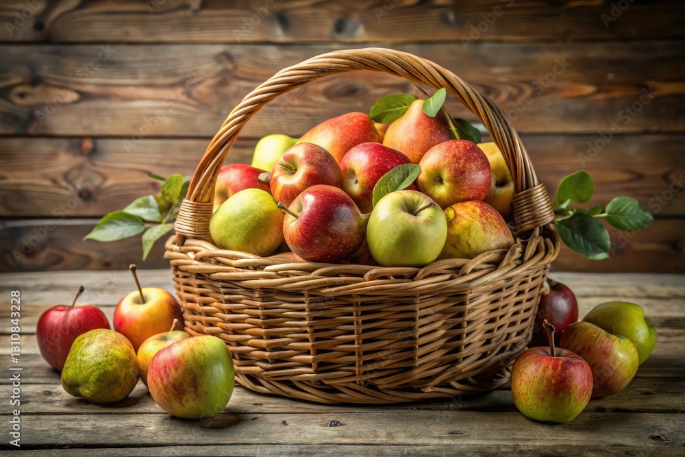Minimalist Apple Pear Harvest: Overflowing Wicker Basket on Rustic Wood Minimalist Apple Pear Harvest: Overflowing Wicker Basket on Rustic Wood