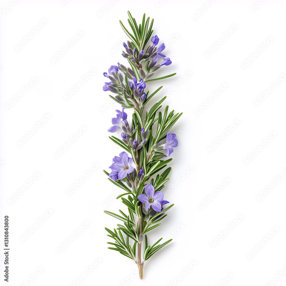Fototapeta premium A single sprig of fresh rosemary with delicate purple flowers isolate on white background 