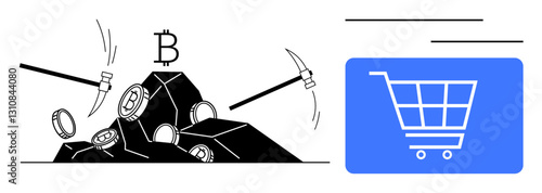 Pickaxes extracting coins from rocks with Bitcoin symbol beside digital shopping cart. Ideal for cryptocurrency, blockchain, mining, e-commerce, fintech, investments, digital trade. Flat simple