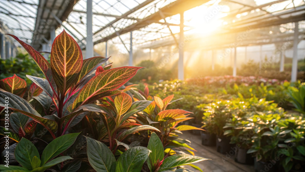 Obraz premium Lush green plants in greenhouse, illuminated by warm sunlight, create serene atmosphere. vibrant leaves showcase intricate patterns, enhancing tranquil setting