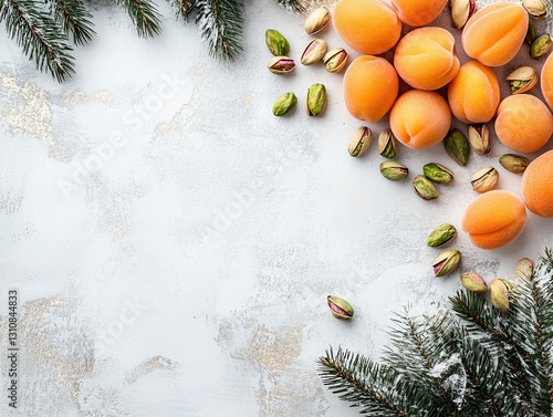 A peaceful island with apricots and pistachios on a white wooden table, background, top view, flat lay. Space for text. Stock photo contest winners. High resolution, high quality,