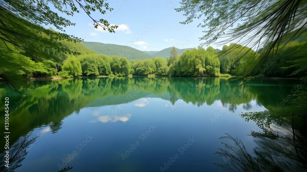 Panoramic View of a Tranquil Lake Surrounded by Lush Green Mountains Panoramic View of a Tranquil Lake Surrounded by Lush Green Mountains