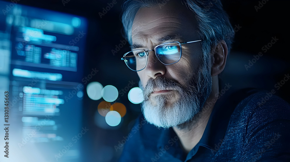 Focused Mature Man Analyzing Data in a Dimly Lit Workspace Focused Mature Man Analyzing Data in a Dimly Lit Workspace