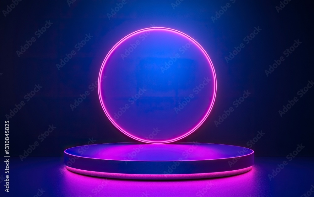A podium illuminated with neon light on a dark blue background, with a glowing purple round platform for product presentation. Vector illustration, the winner of the Valery Bric activity stock photo. A podium illuminated with neon light on a dark blue background, with a glowing purple round platform for product presentation. Vector illustration, the winner of the Valery Bric activity stock photo.