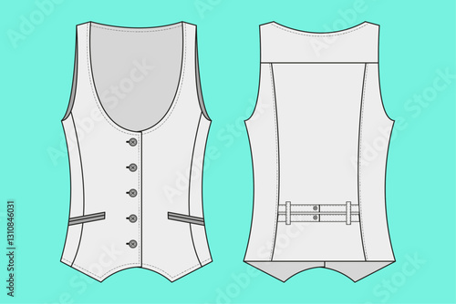 Ladies vest flat sketch clothing mockup cad outline.