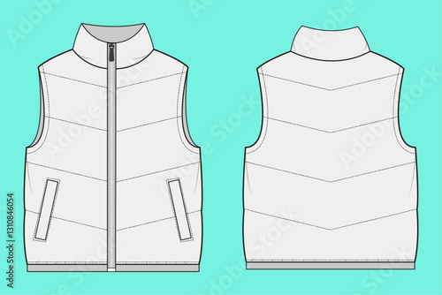 Winter funnel neck zip through gilet flat sketch outline cad mockup.