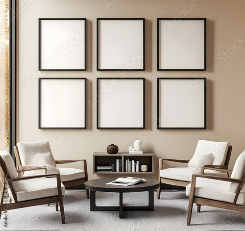 Elegant and Minimalist Living Room with Six Frames on Wall