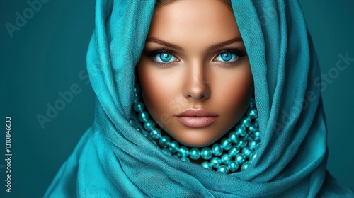 Beautiful Woman with Pearls and Turquoise Headscarf Portrait