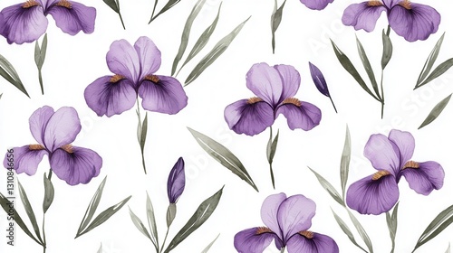 Elegant Purple Iris Flowers with Green Leaves on White Background