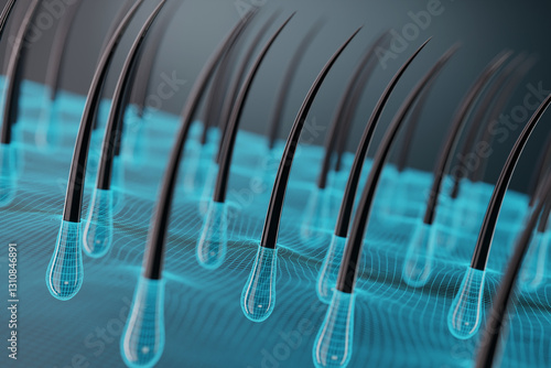 3D futuristic visualization of hair follicles embedded in a digital grid, representing hair growth, scalp health, and biotechnology advancements in hair care and regeneration.