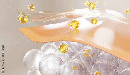 Obraz na plátně 3D illustration of skincare serum and collagen molecules penetrating skin layers, enhancing hydration, elasticity, and nourishment