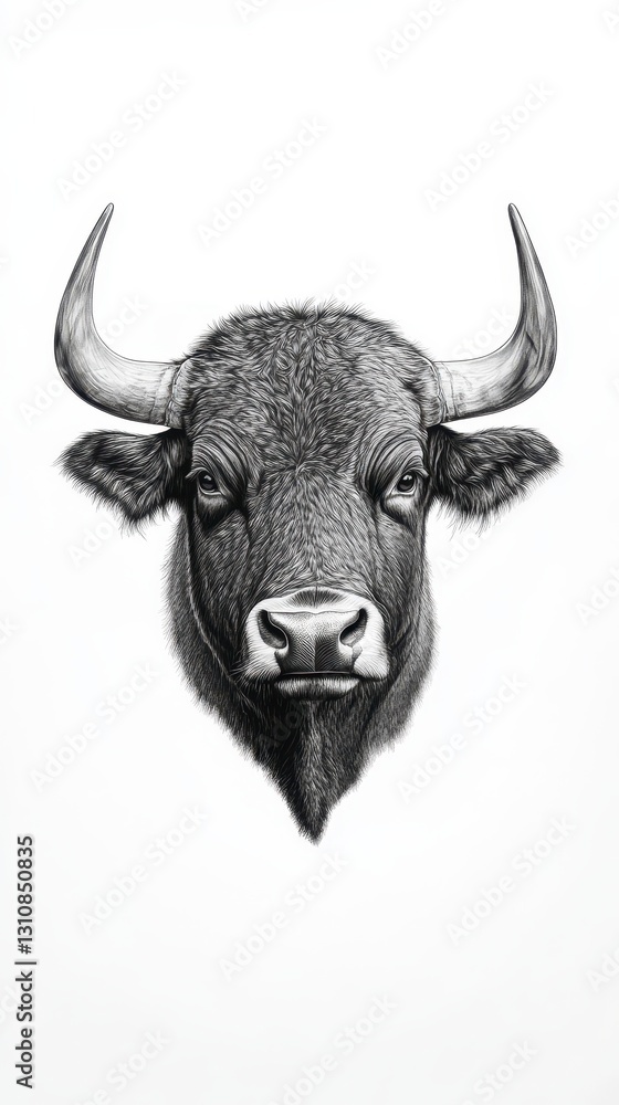 Naklejka premium Detailed Black And White Bull Head Illustration