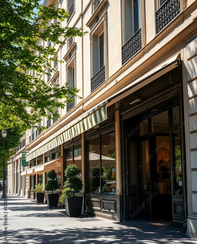 Naklejka premium Charming Parisian Streetscape Featuring a Boutique Café with Green Awnings