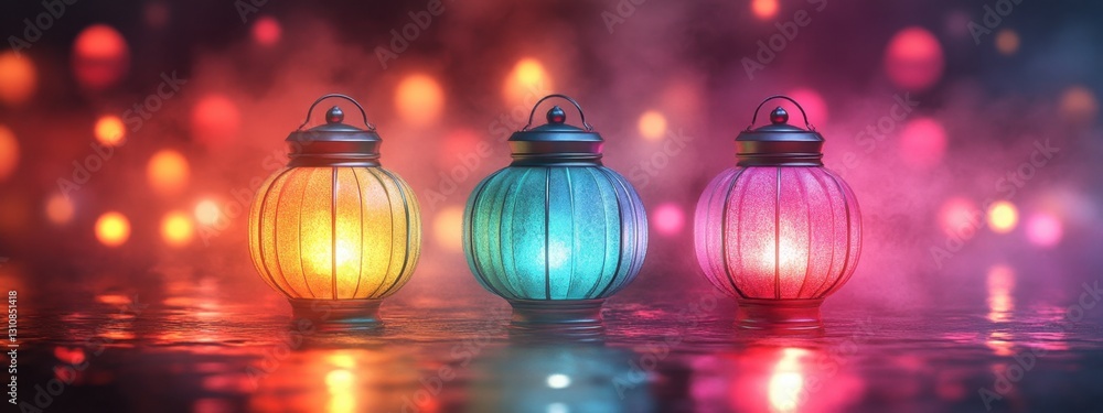 Colorful Lanterns Illuminating a Mysterious Evening Scene with Atmospheric Bokeh Effects Colorful Lanterns Illuminating a Mysterious Evening Scene with Atmospheric Bokeh Effects